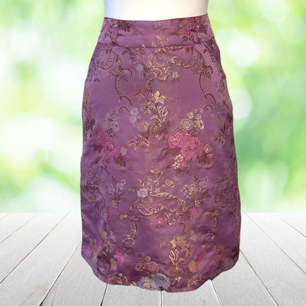 Vintage Y2K FREE PEOPLE Brocade Pencil Skirt Purple Floral High Waist Size 8